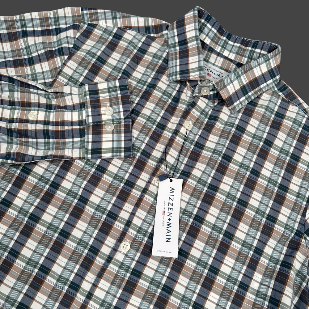 New Mizzen+Main Shirt Russell Button Down Men Medium Navy Blue Plaid Performance